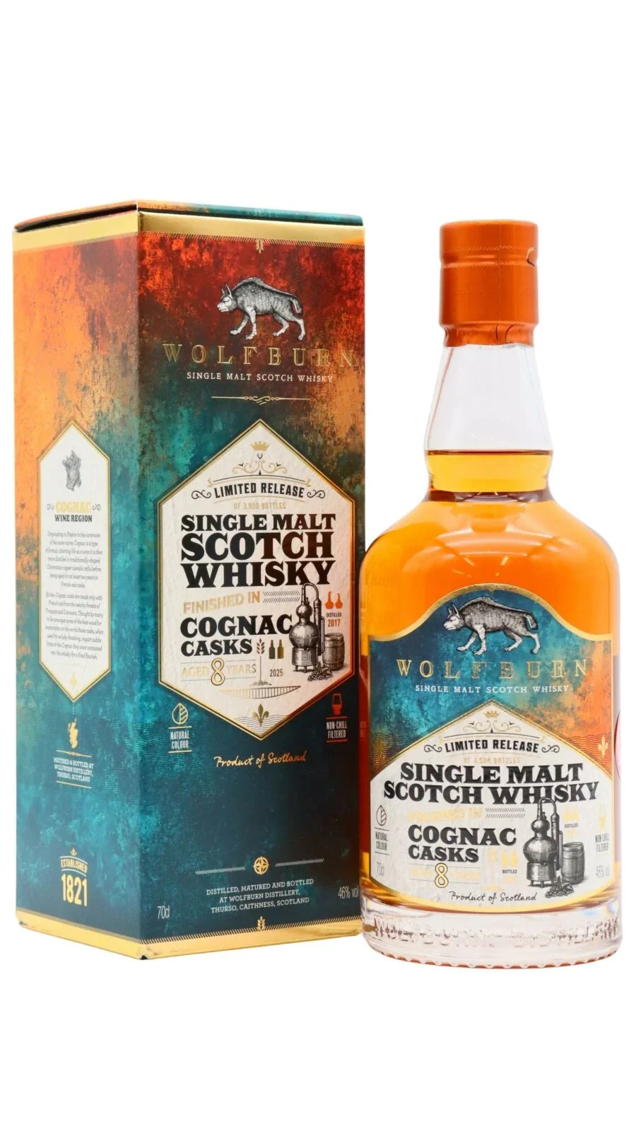 Wolfburn 8 Year Old Cognac Cask Matured Single Malt Scotch Whisky | 700ML - Whiskey